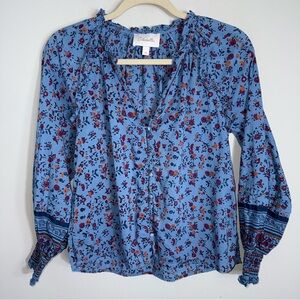 Cleobella Organic Cotton Blouse-Blue Floral-Ruffles-Long Sleeves-Size XS